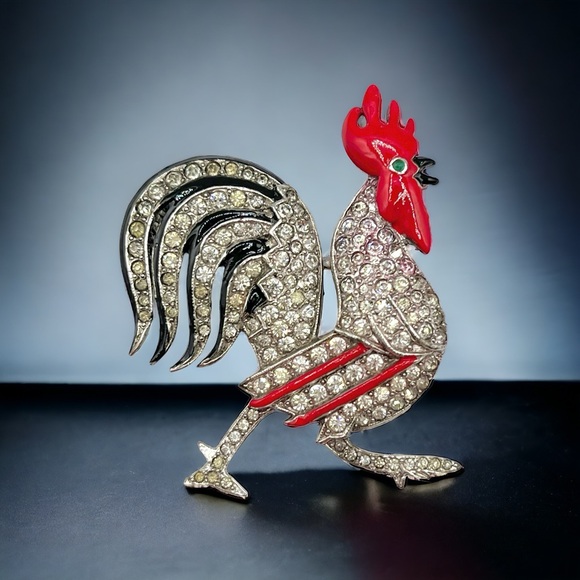 Rare Trifari Alfred Philippe Enamel Rooster Chicken Bird Brooch Pin Book Piece